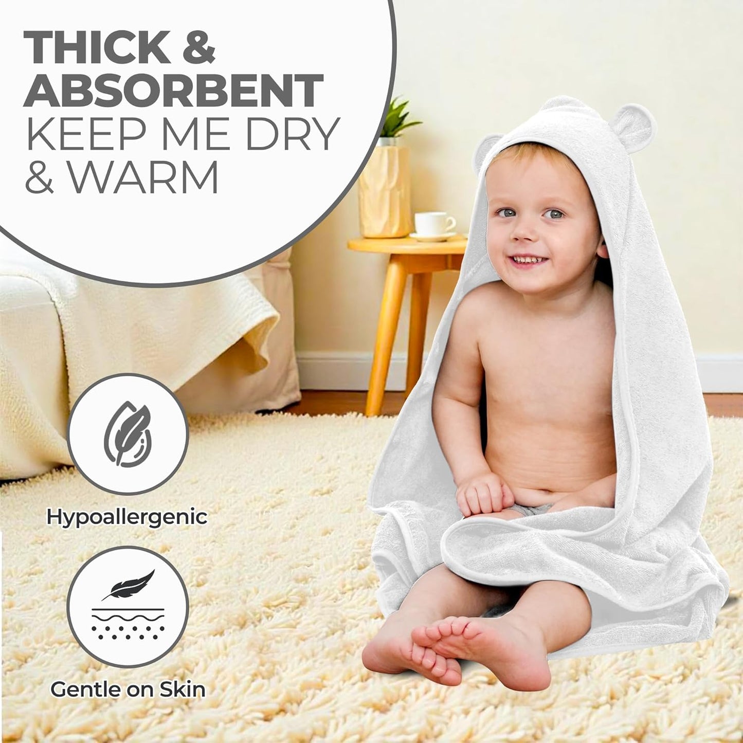 Organic Cotton Toddler Towel Poncho - Ultra-Soft for Boys & Girls 0-5T, Bath Towel with Bear Ears, Absorbent & Premium (White)