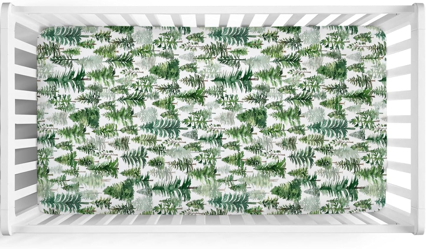 Watercolor Green Pines Baby Crib Sheet 52''x28'' Pine Trees Snug Fitted Crib Mattress Cover for Boy Girl Winter Soft Baby Bed Sheet for Standard Crib and Toddler Mattresses