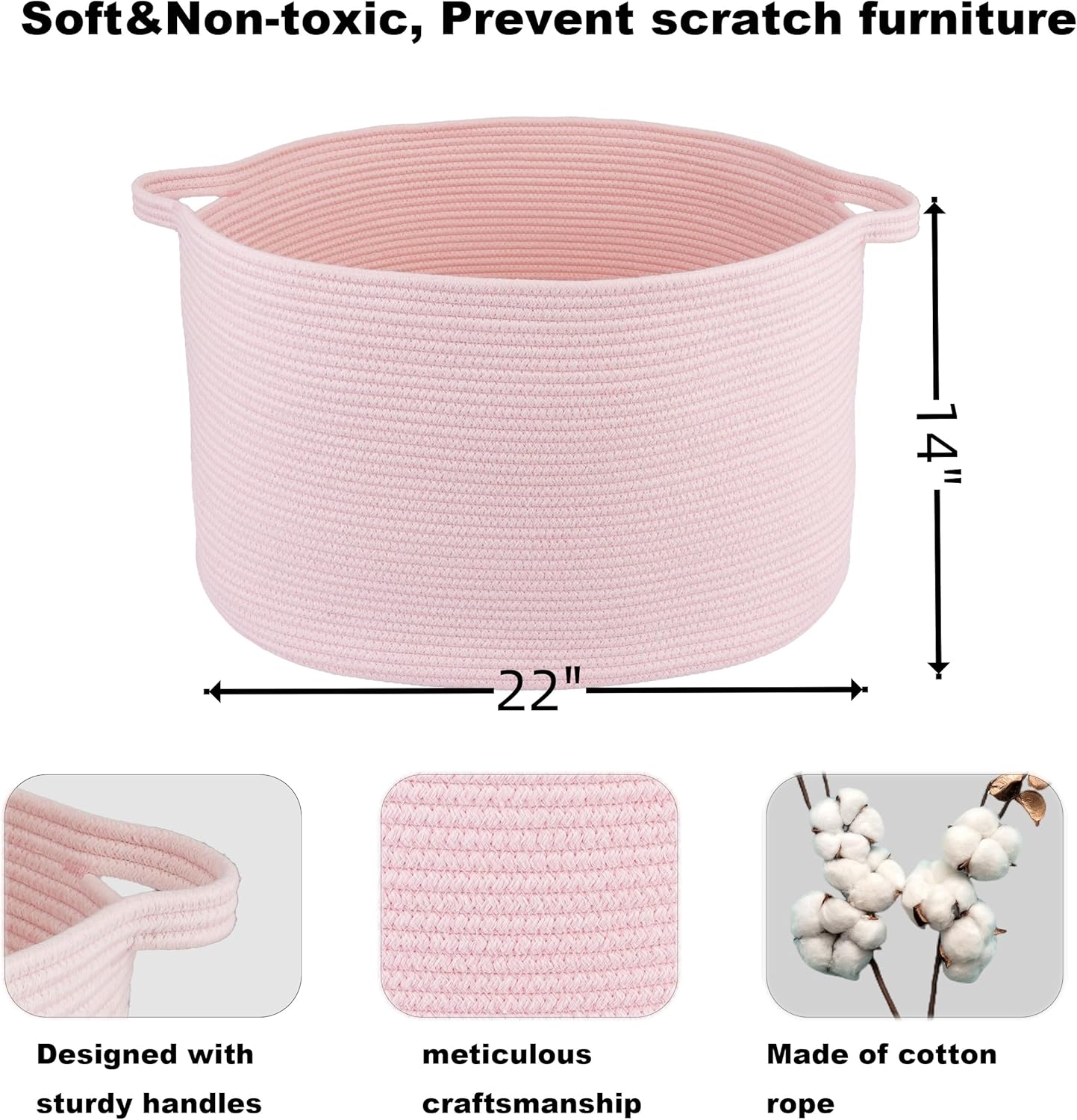 Large Cotton Rope Basket Blankets Basket Living Room 22"x14" Toy Baskets for Kids and Dogs Rope Storage Baskets for Nursery Woven Laundry Baskets for Clothes Towels Baby Toy Storage Round pink
