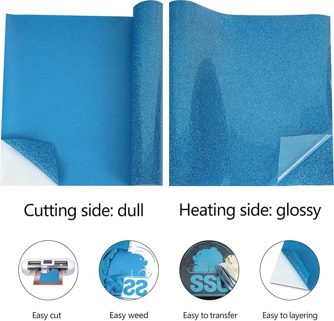 guangyintong Glitter Sky Blue Heat Transfer Vinyl HTV Rolls, HTV Vinyl
