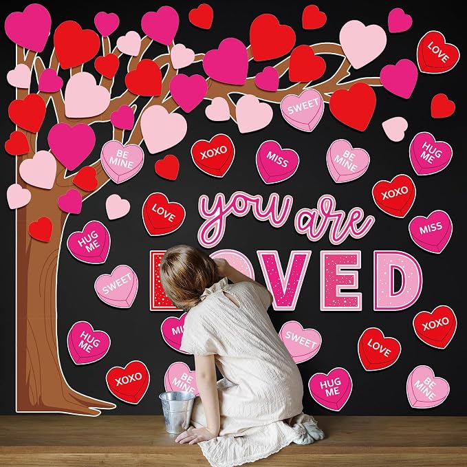 Whaline 99Pcs Valentine's Day Tree Bulletin Board Decoration Red Pink Heart