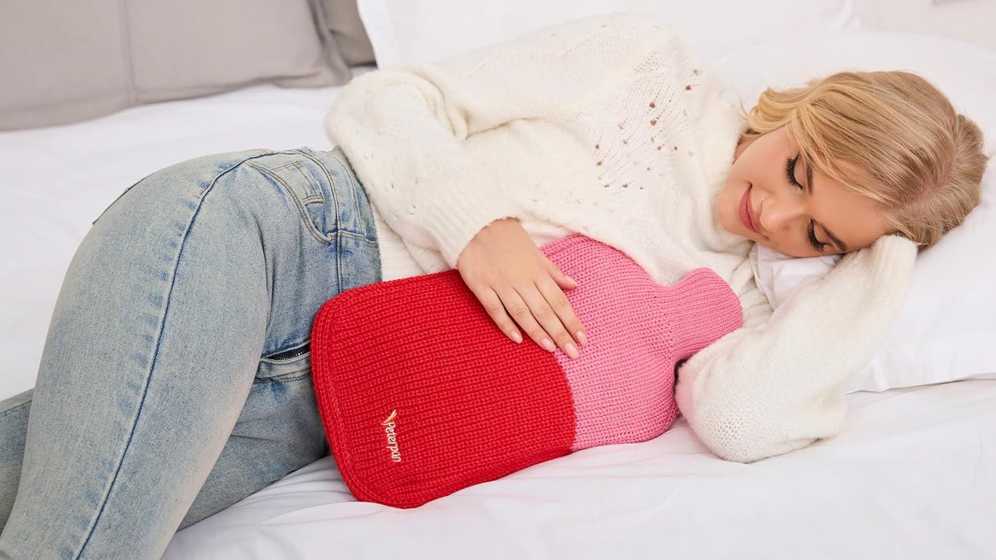 Peterpan Knit Rubber Hot Water Bottle with Wool Blend Cover, Size: XXX-Large, Hot Water Bottles for Pain Relief, BPA & PVC Free, 100 Fl Oz Capacity, Original, Wool Blend Hot Water Bottle, Pink & Red