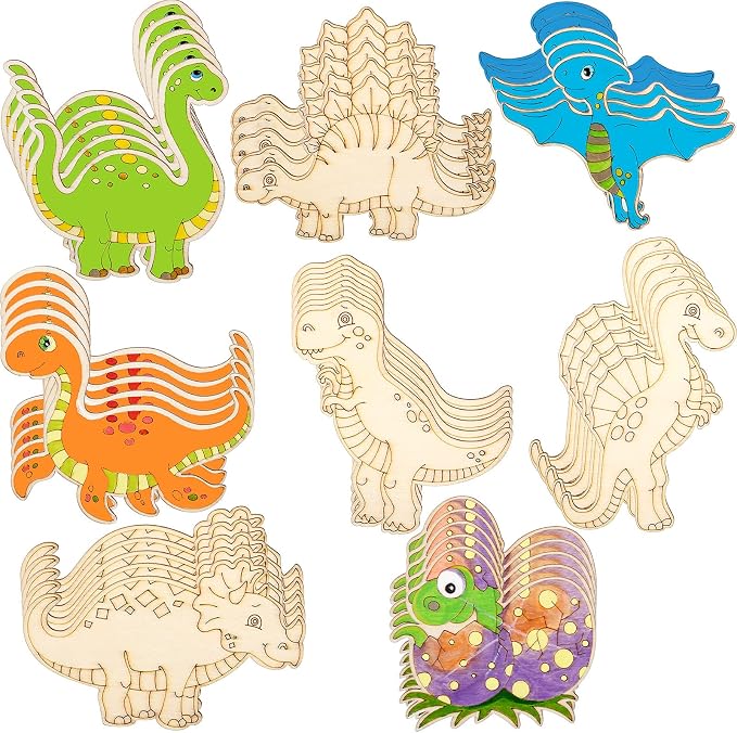 Jetec 64 Pieces Dinosaur Unfinished Wood Cutouts Animal Wooden Paint Crafts