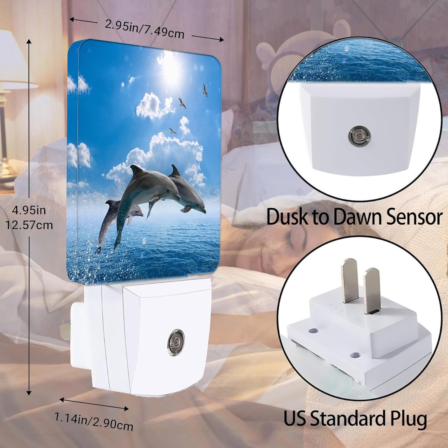 Dolphins Seagulls Night Light, Marine Wildlife Night Lights Plug into Wall Decor for Bedroom, Bathroom, Dusk to Dawn Sensor Nightlights for Girls Women Room Gifts