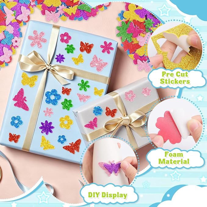 448 Pcs Glitter Foam Stickers, Butterfly & Flower Shapes Stickers, 7 Sheets