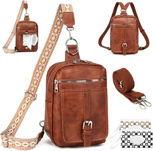 Sling Bag Crossbody Backpack - 2 in 1 Leather Cross Body Bag Fanny Pack with 2 Removable Straps