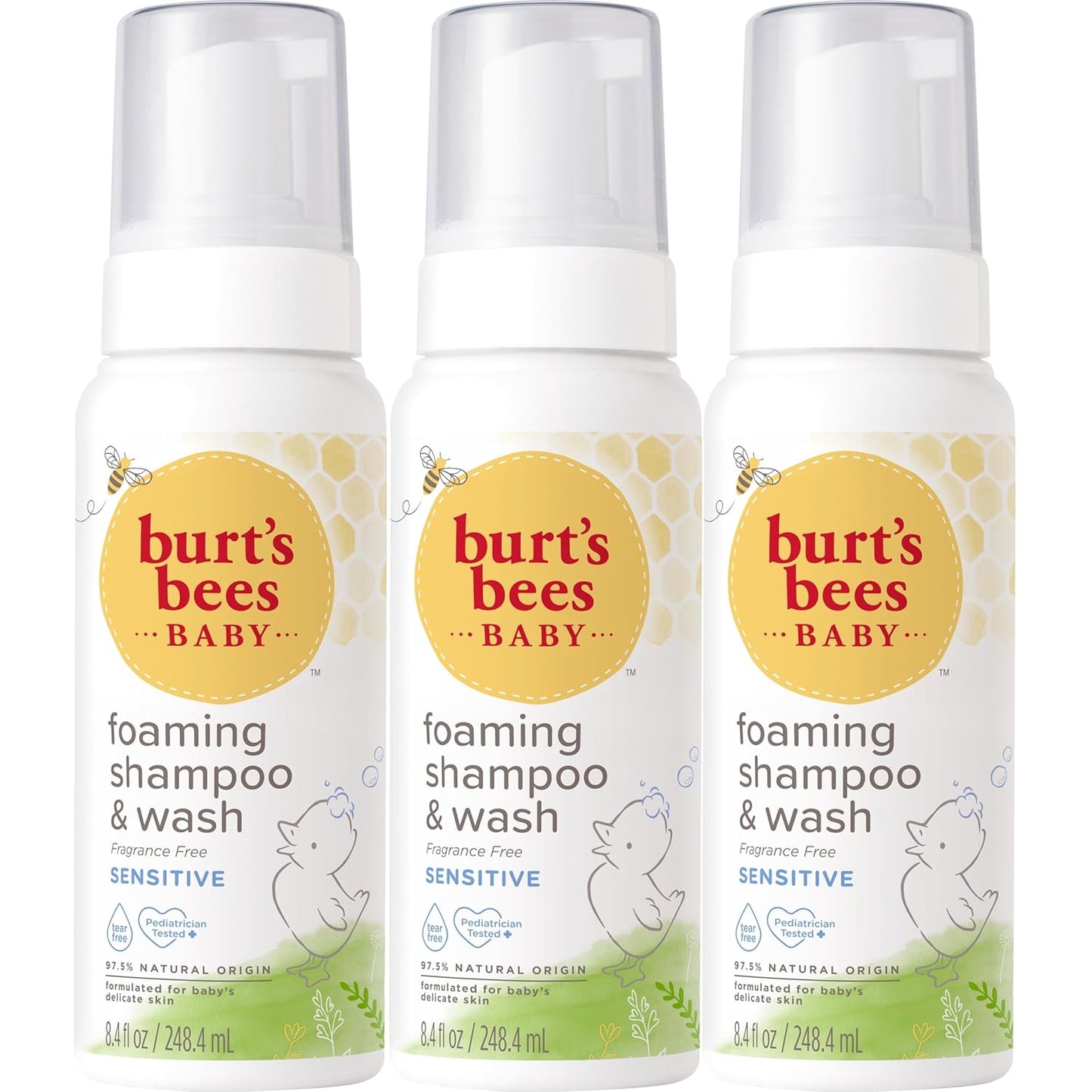 Burt's Bees Baby Sensitive Foaming Shampoo and Wash, Fragrance Free, Tear Free, Pediatrician Tested, 97.5% Natural Origin, 8.4 Fluid Ounces, Pack of 3