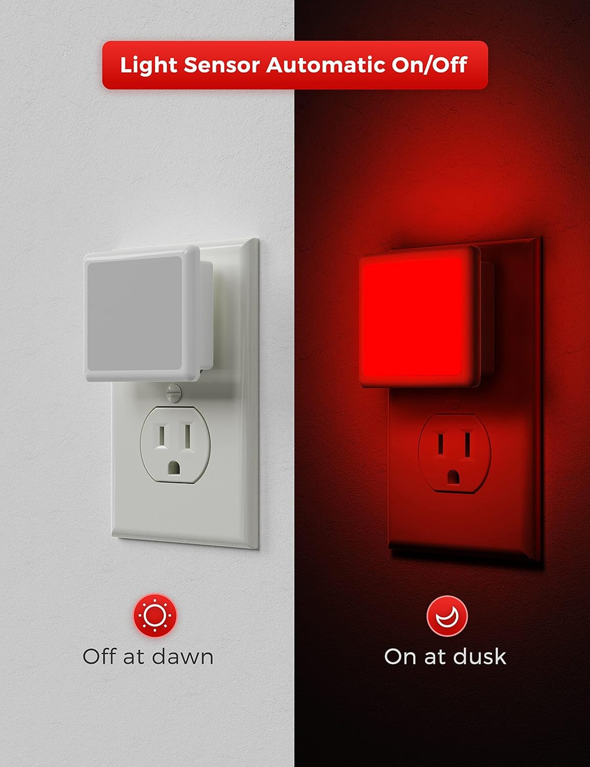 L LOHAS LED Red Night Lights Plug into Wall 2-Pack, 0.3W Plug in Night Light, Dusk to Dawn, Bright Nightlight Auto-On/Off, for Adults Kids Room Bedroom Bathroom Hallway Kitchen, Non-Dim