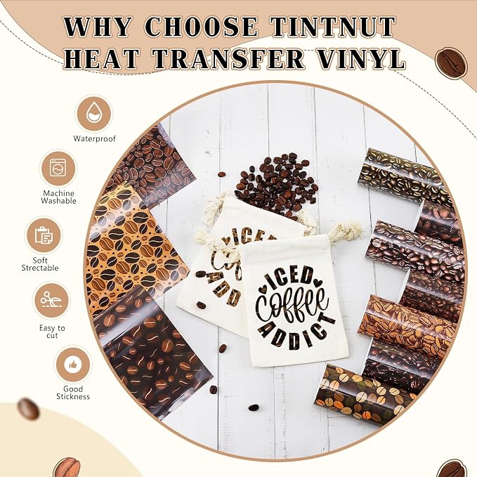 Tintnut Coffee Bean Heat Transfer Vinyl, stretch washable, works