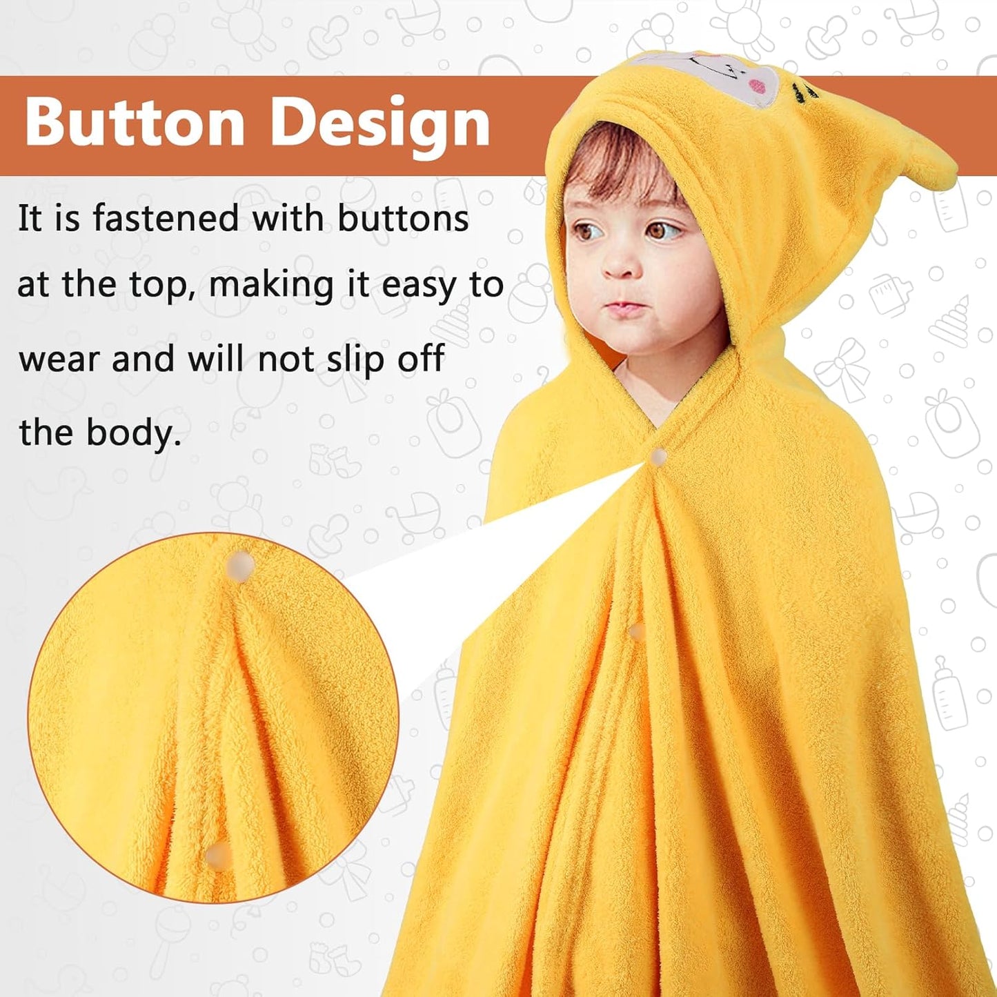 2 Pack Hooded Towel, 27.5 x 55 inch Absorbent Bath Towel for Babies, Soft Toddler Bath Towel, Thick Toddler Towels with Hood for Girls Boys,Yellow and White