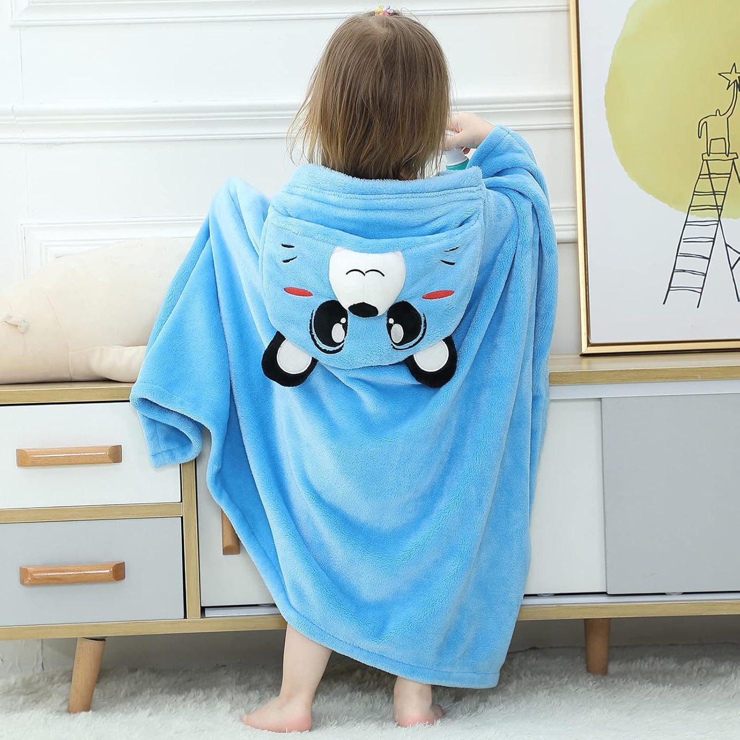 Wearable Blanket Hoodie for Kids Toddlers Hooded Towels Soft Cozy Flannel Wearable Throw Blanket Hoodie for Boys Girls Birthday Gifts (Blue Bear 60 * 50)