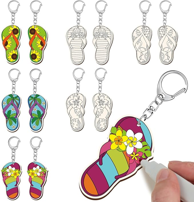 RattanView 24 Pcs Flip Flop Slipper Craft Color Your Own Keychains DIY Craft