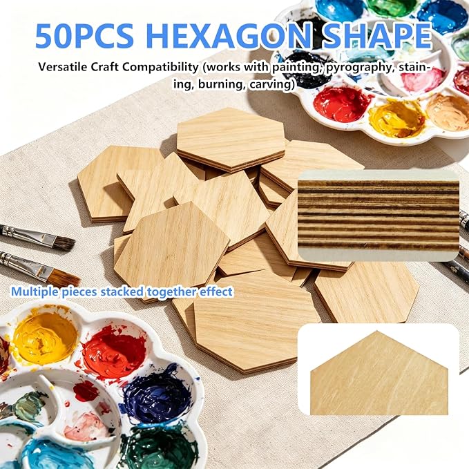50PCS Wooden Hexagonal, Made of Basswood, 4 Inch Unprocessed Wood Pieces
