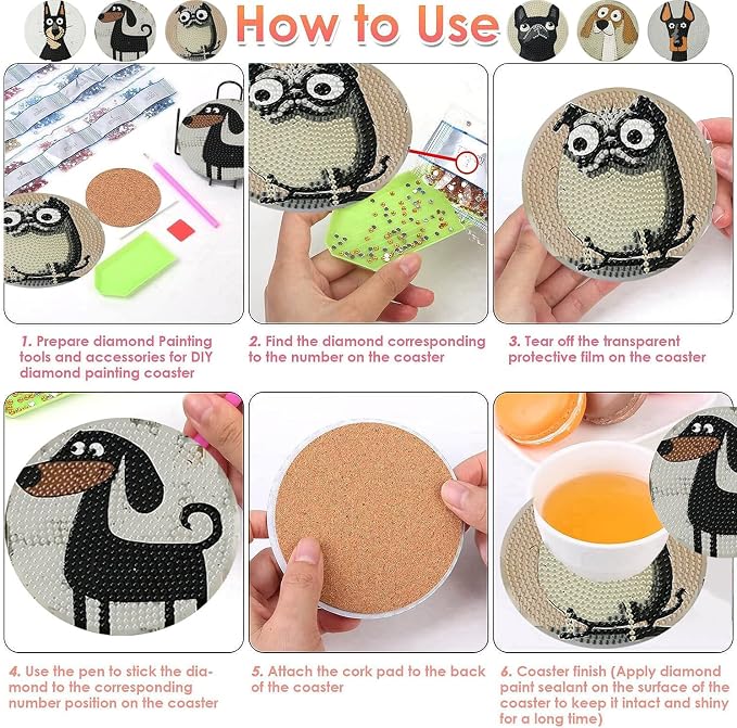 ijbnhd 6 Pcs Dog Diamond Painting Coasters Kits