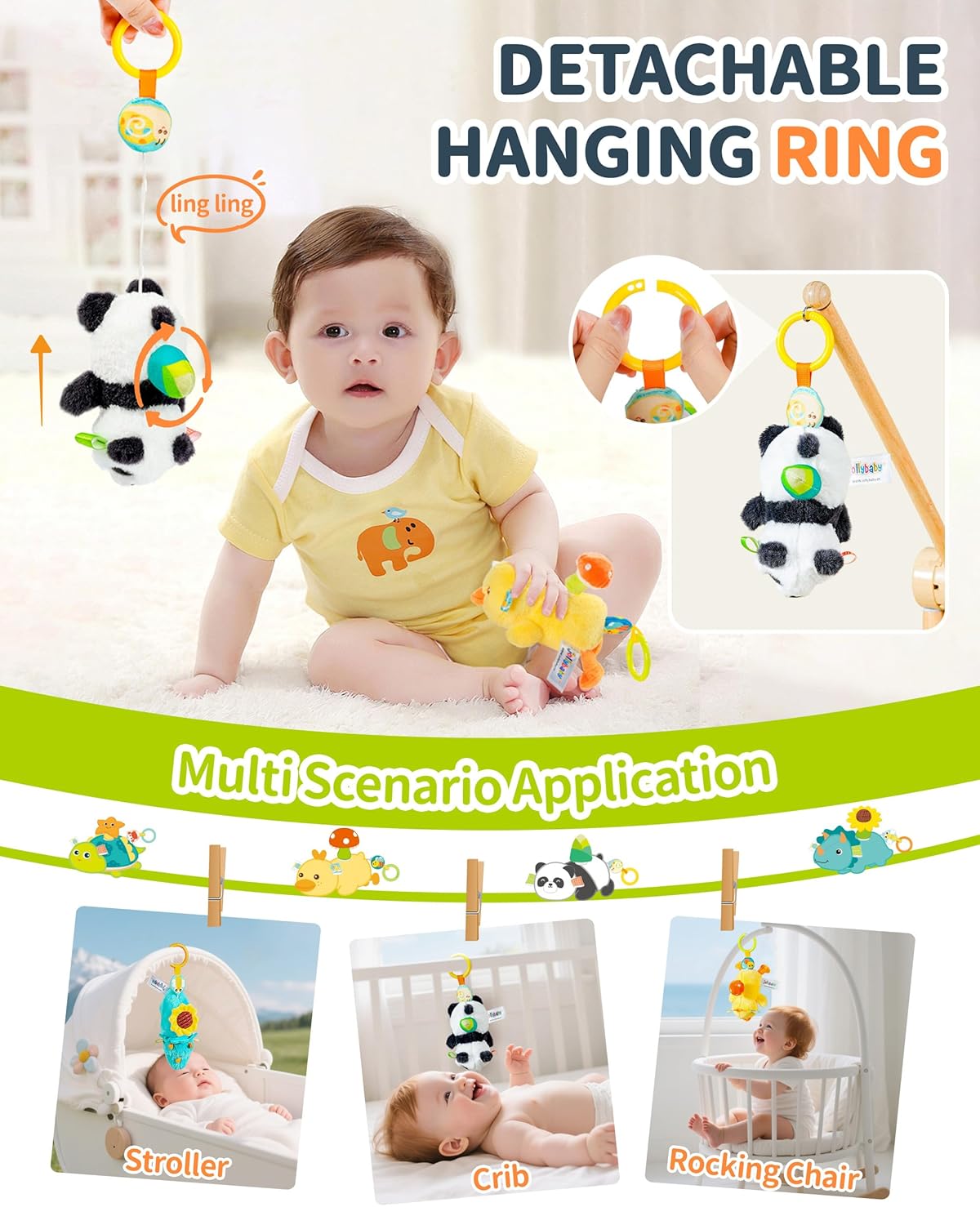 Jollybaby Baby Rattles & Soft Plush Spinner Toy for Babies 0-3-6-12 Months, Sensory Developmental Toys for Newborn 0-2-4-7-8-9 Months, Baby Shower & Birthday Gifts - Panda