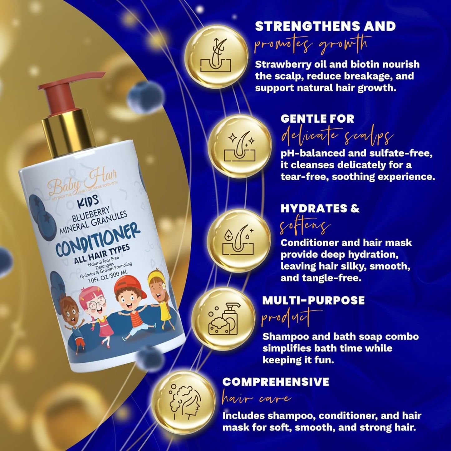 BABY HAIR - Blueberry Mineral Kids Hair Conditioner, Sulfate-Free Toddler Hair Conditioner, Hair Conditioner for Kids with Blueberry & Strawberry Oil, Aloe Vera, and Biotin, 10 fl.oz