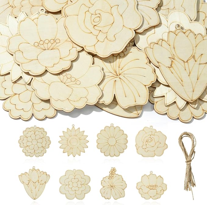16 pcs Mixed Styles Cute Flower Theme Undyed Wood Cutout Charms Spring