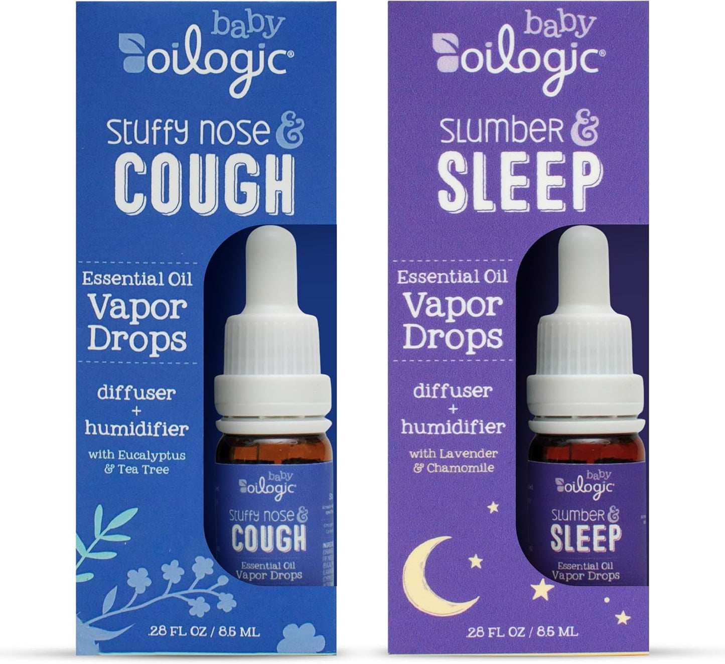 Oilogic Baby Essential Oil Vapor Drops for Diffuse & Humidifier, 2-Pack Set with Stuffy Nose & Cough + Slumber & Sleep - Baby Aromatherapy Oil is Safe for Babies, Kids & Toddlers