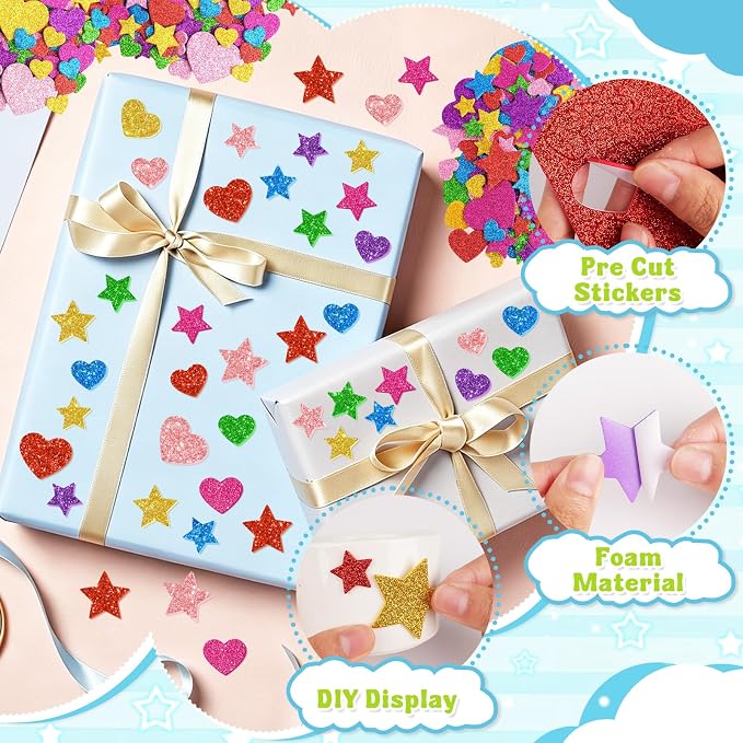 987 Pcs Glitter Foam Stickers, Heart & Star Shapes Stickers, 7 Sheets Colorful