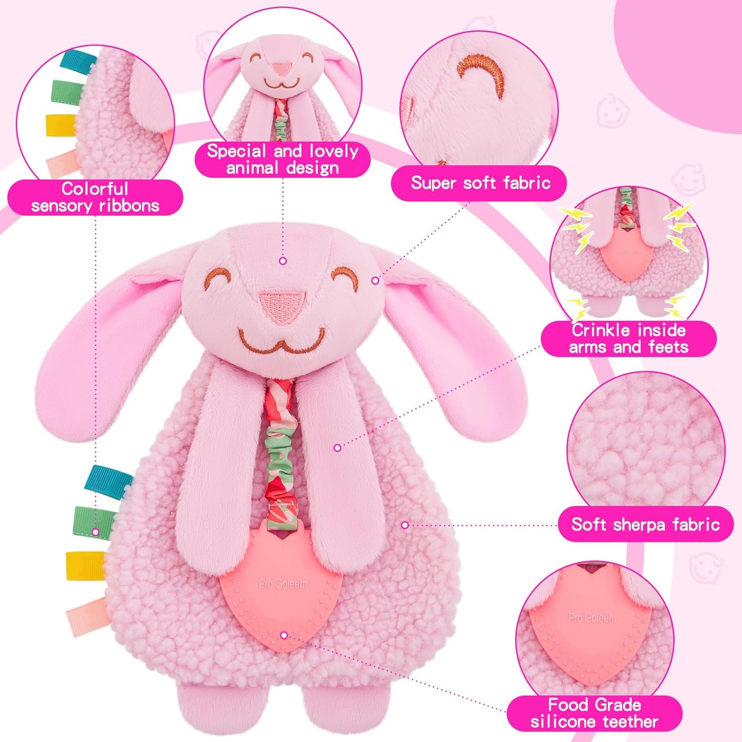 Pro Goleem Bunny Loveys for Babies Girl and Boy, Baby Lovey with Teether, Baby Toys 0 3 6 9 12 Months, Safety Teething Toys for Babies Infant Newborn and Toddler Gifts
