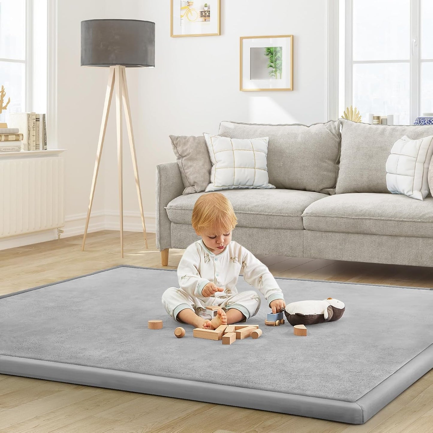 Baby Play Mat for Floor Tummy Time Mat Nursery Muscle Area Rug Playroom Rug Tatami 59"*59" Memory Foam 1.3" Thick Crawling For Babies,Toddlers, Infants, Kids,Floor(Light Gray)