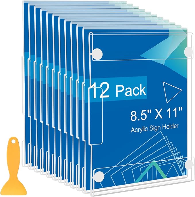 12 Pack Acrylic Sign Holder 8.5 x 11 Wall Mount, Vertical & Horizontal Use