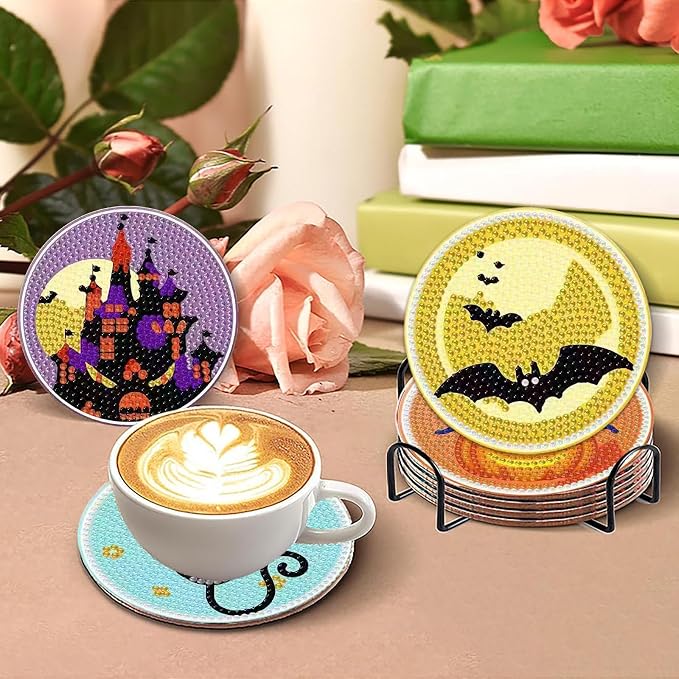 Clendo 8 PCS Halloween Diamond Art Coasters Kits, Cute Diamond Painting Coaster