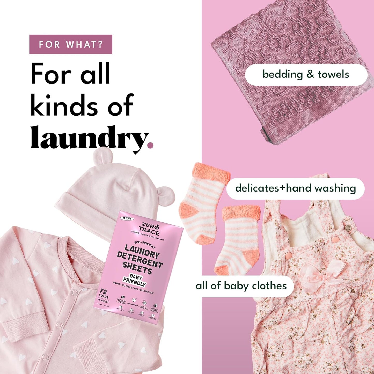 ZERO TRACE Baby Friendly Laundry Detergent Sheets, 72 Loads - Eco Friendly, All Natural, Hypoallergenic, Biodegradable - Sheet Laundry Soap for Sensitive Skin