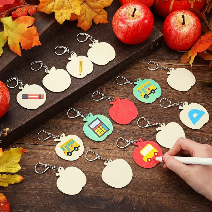 RattanView 24 Pcs Apple Craft Color Your Own Keychains DIY Craft Wooden Blank