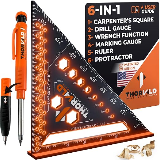 THORVALD 6-in-1 Carpenter Square 7 inch T Square Multi-Purpose Carpenter Tools