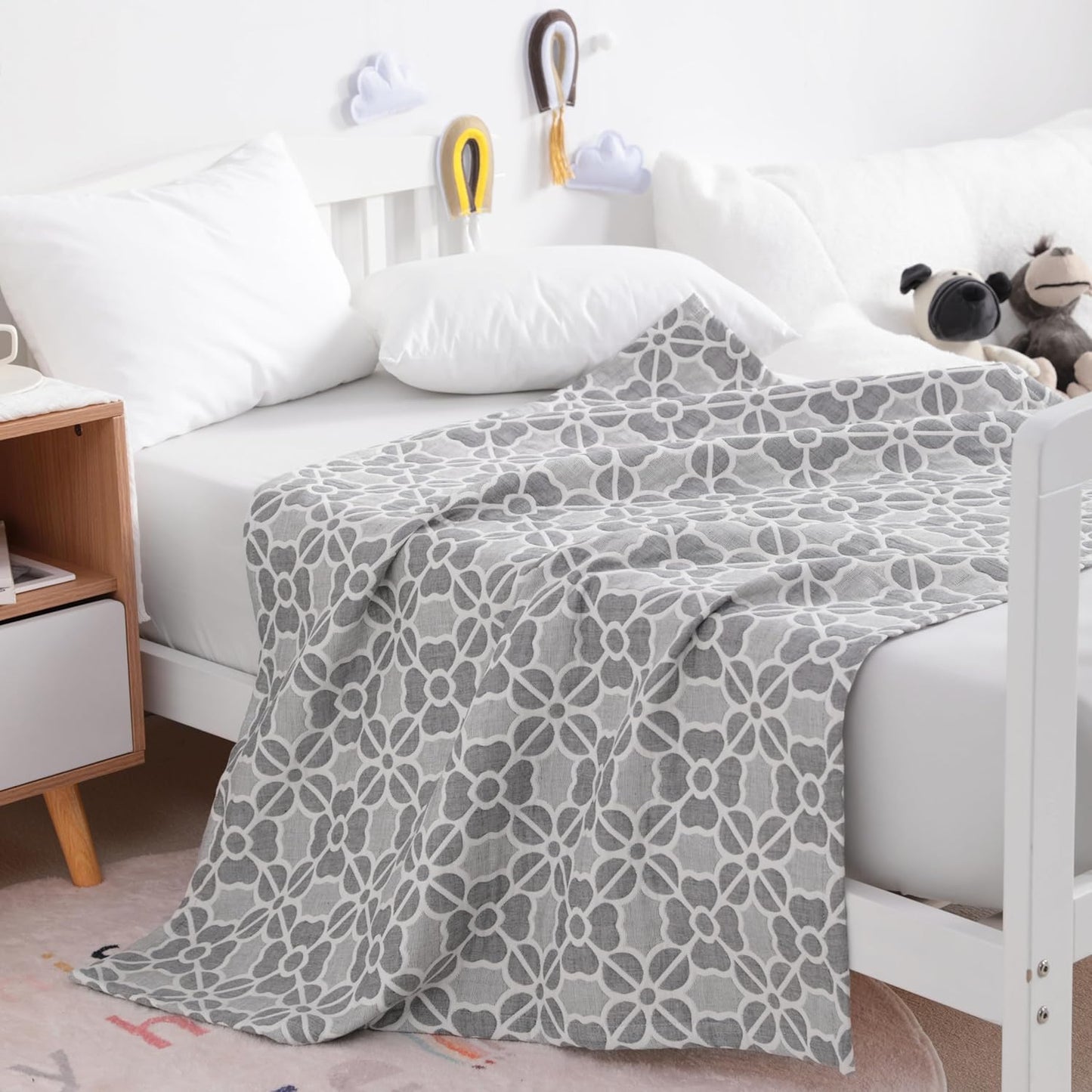 NTBAY 3 Layer Oversized Muslin Cotton Toddler Blanket, 45x60 Inches Jacquard Reversible Nursery Bed Blanket, Super Soft and Thermal Crib Blanket for All Seasons, Baby Gift, 45"x60", Grey Clover