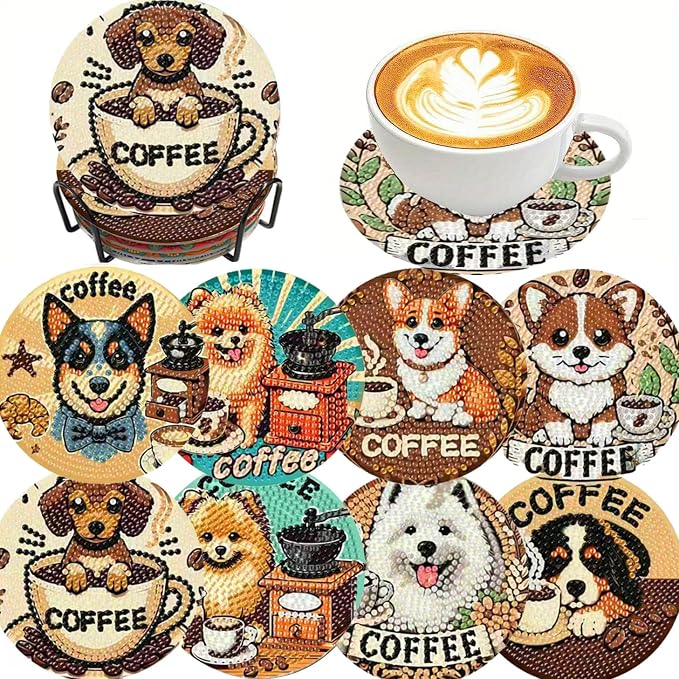 Clendo 8 PCS Coffee Dog Diamond Art Coaster Kits