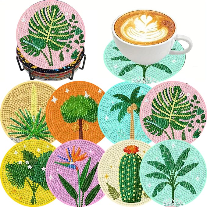 Clendo 8 Pcs Green Plants Diamond Painting Coasters Kits