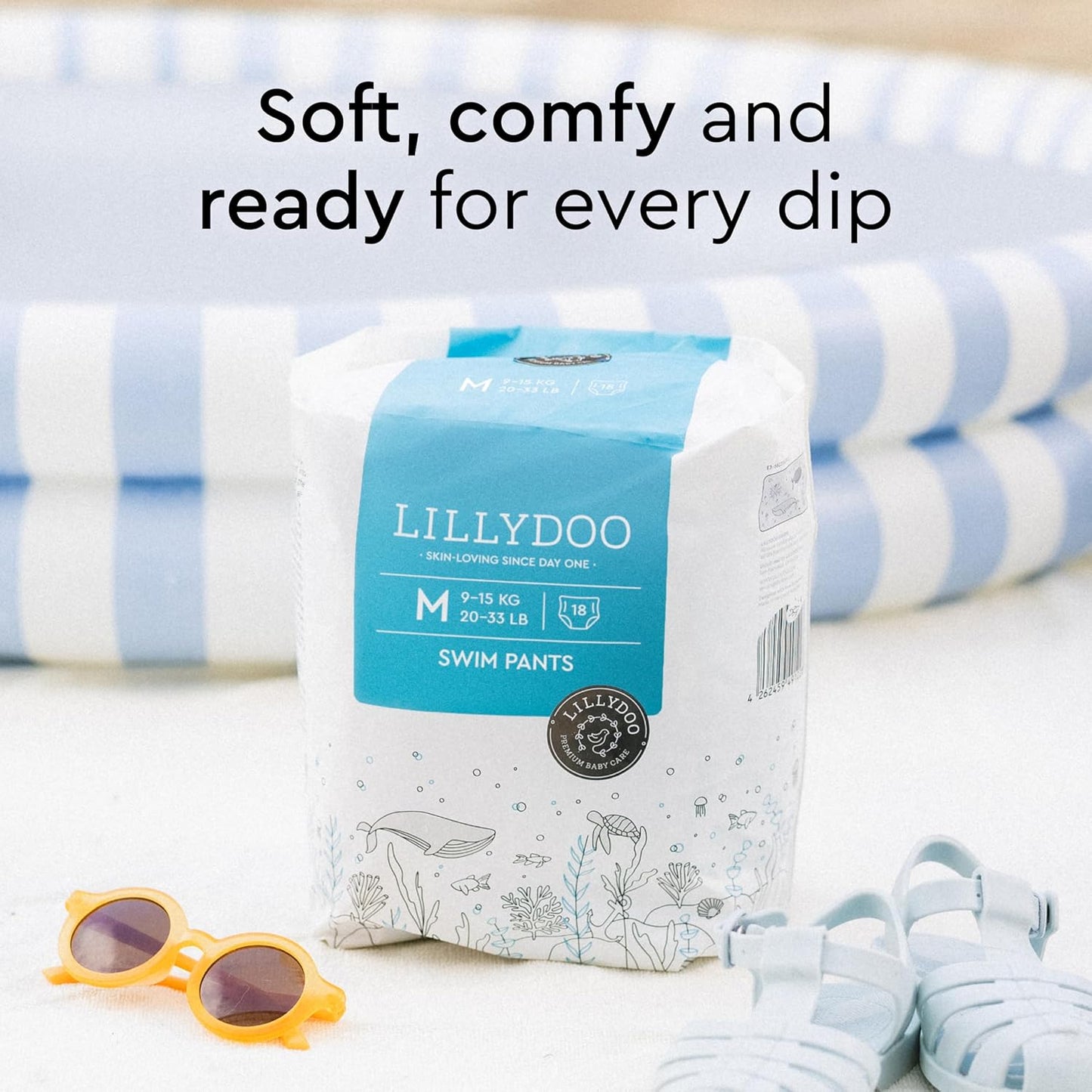 LILLYDOO Baby Swim Diapers - Size Medium (20-33 lbs), Half-Monthly Supply (36 Count), Blue Whales Design, Skin-Friendly, Perfume- & Chlorine-Free, Hypoallergenic, Dermatologist Tested, Oeko-TEX®