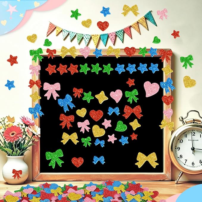 625Pcs Foam Stickers Glitter Colorful Star Heart Bow Shapes Stickers 5Sheets 3D