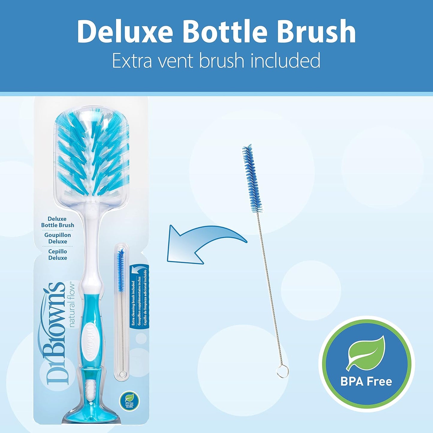 Dr. Brown's Deluxe Baby Bottle Brush with Anti-Colic Vent Cleaning Brush, Soft and Sturdy Bristles, BPA Free, Blue, 3 Pack