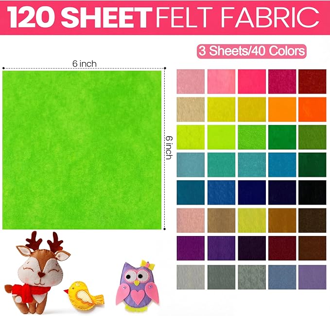 Reginary 120 Pcs 6 x 6 Inch, 2mm Thick Felt Sheets Bulk