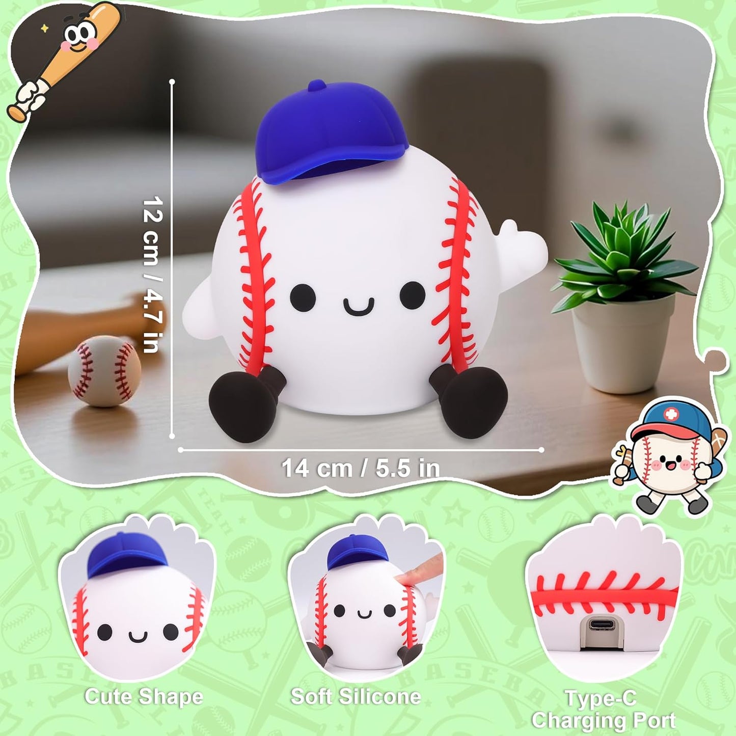Baseball Night Light, Dimmable Silicone Touch Lamp with USB Rechargeable Soft Glow Bedside Lamp for Boys Bedroom Decor, Baseball Gifts for Boys Sport Fans Birthday Xmas
