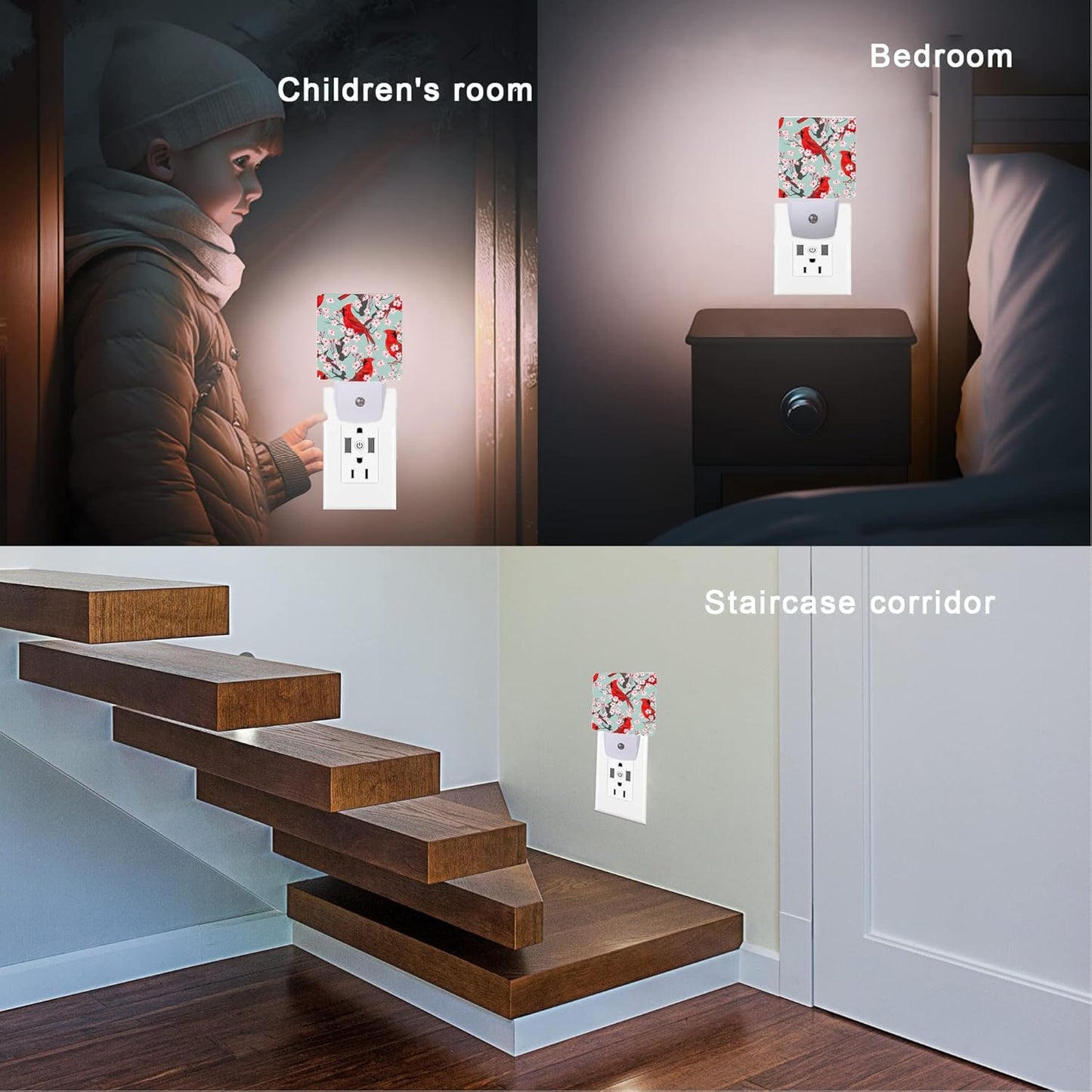Red Cardinal Night Light,Blooming Cherry Night Lights Plug into Wall for Boys Girls, Led Lights Indoor Home Decor 0.5W Nightlight Sleep Friendly