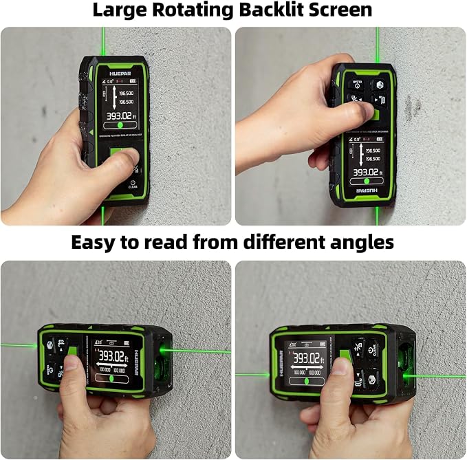 Huepar Dual Laser Measuring Tool, 656Ft Green-Beam Bilateral Digital Laser