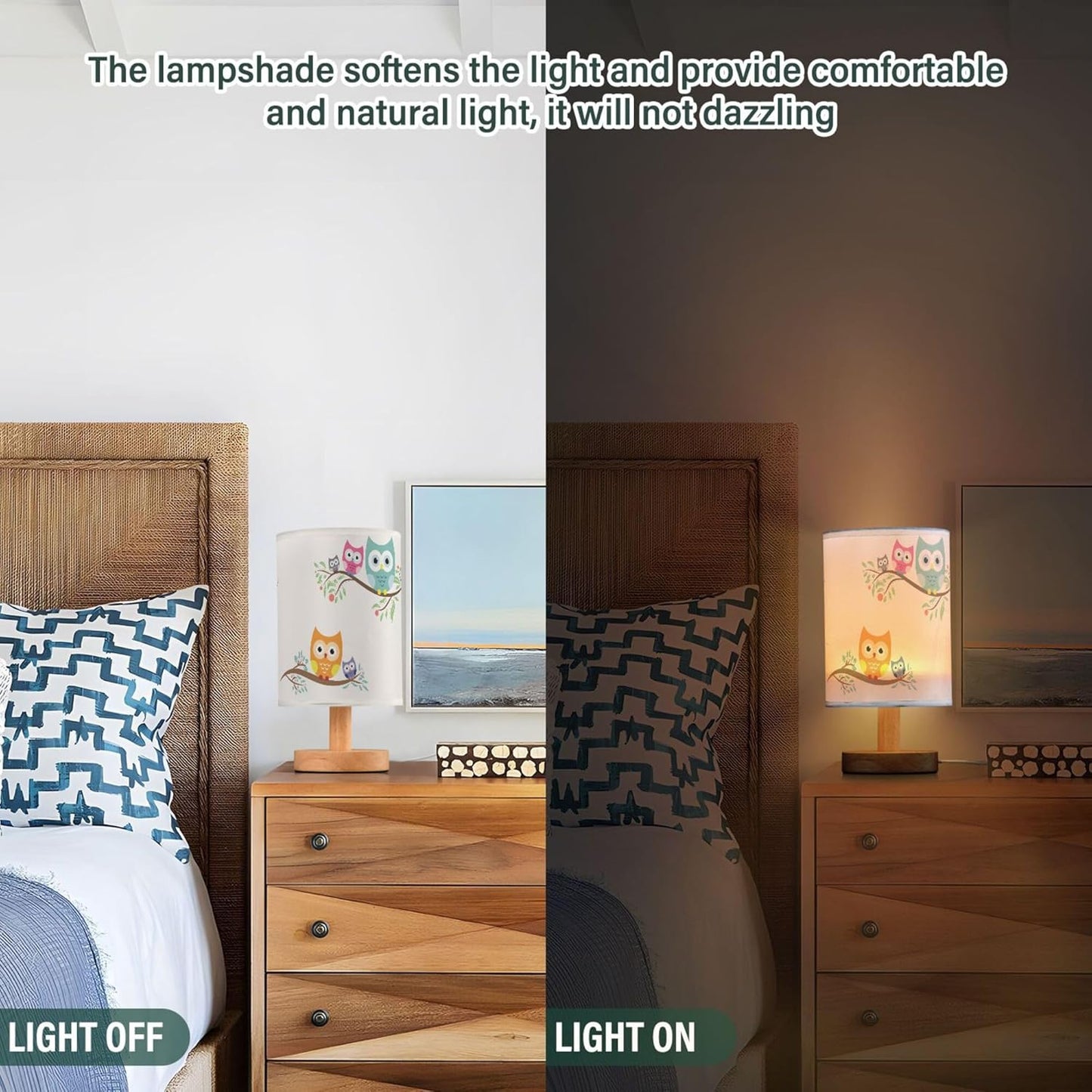 Table Lamp Cute Cartoon Owl with Baby Child on Tree Branch Nightstand Lamp with Wood Base Fabric Lamp Shade Bedside Desk Lamp for Living Room Bedroom Kids Room Office