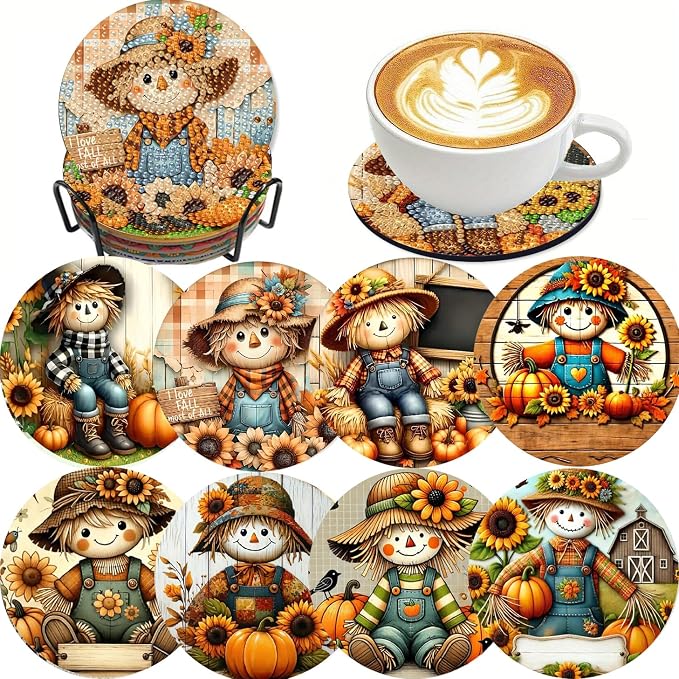 LWZAYS 8 Pcs 5D Autumn Scarecrow Diamond Art Coasters Kits