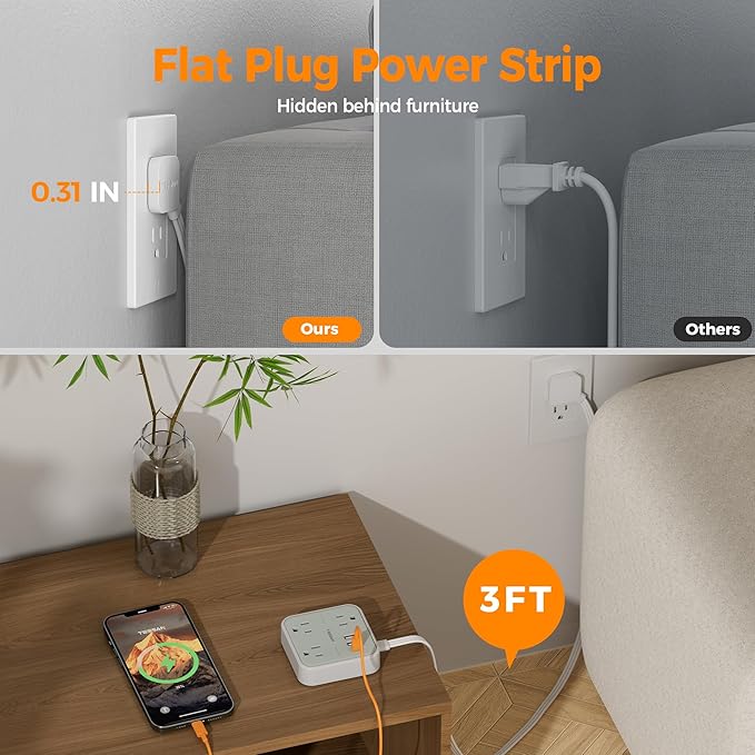 Short Extension Cord with Multiple Outlets 3 FT, TESSAN Small Flat Plug Power Strip with 3 USB (1 USB C) and Multi Outlets, Surge Protector Charging Station for Office, School, Dorm Room Essentials