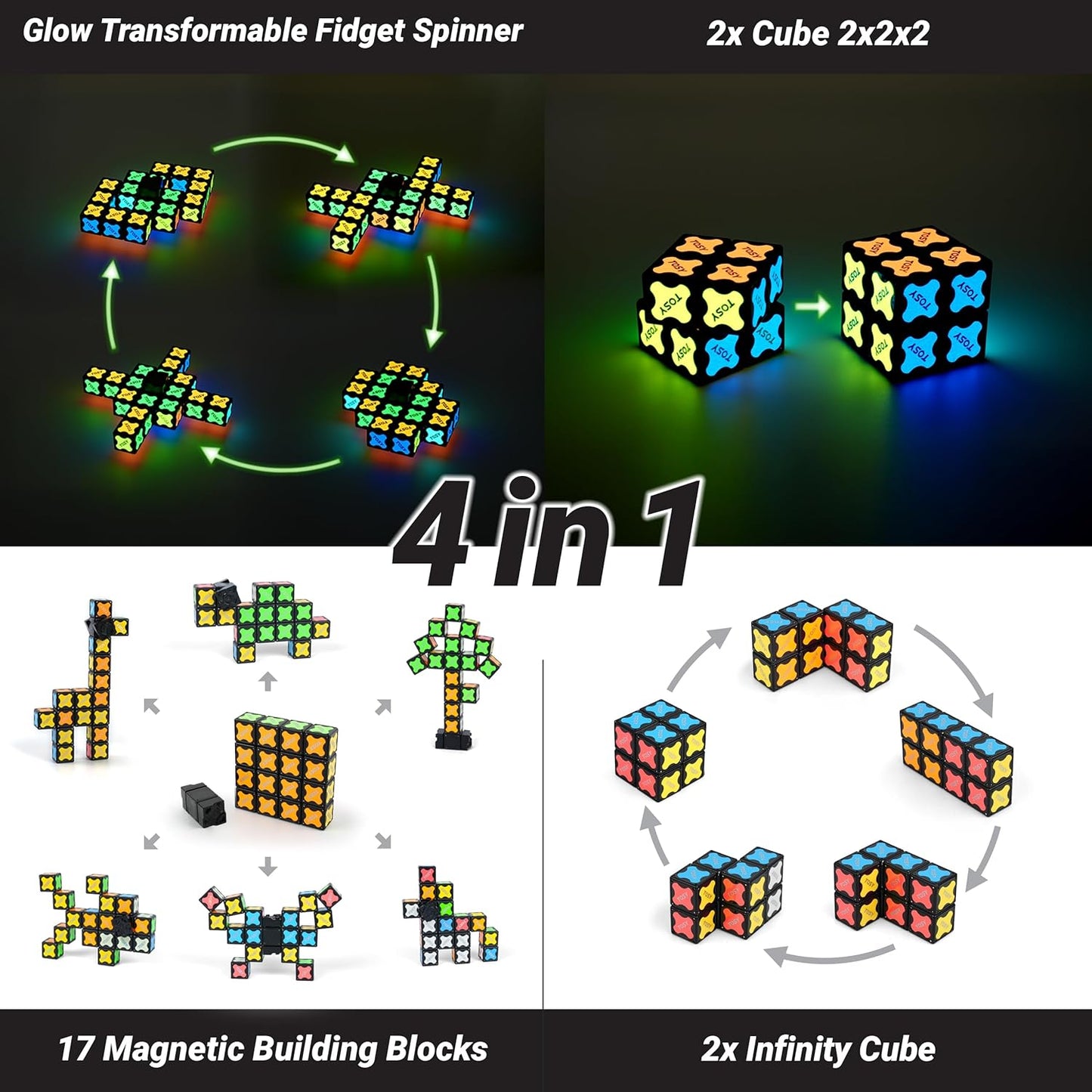 TOSY Magnet Fidget Spinner Glow - 16 blocks, 3in1 Toy: Transformable Fidget Spinner, Infinity/Puzzle Cube, Glowing, Christmas Stocking Stuffers Gift for Kids/Adults, STEM Sensory Stress Relief, 2-pack