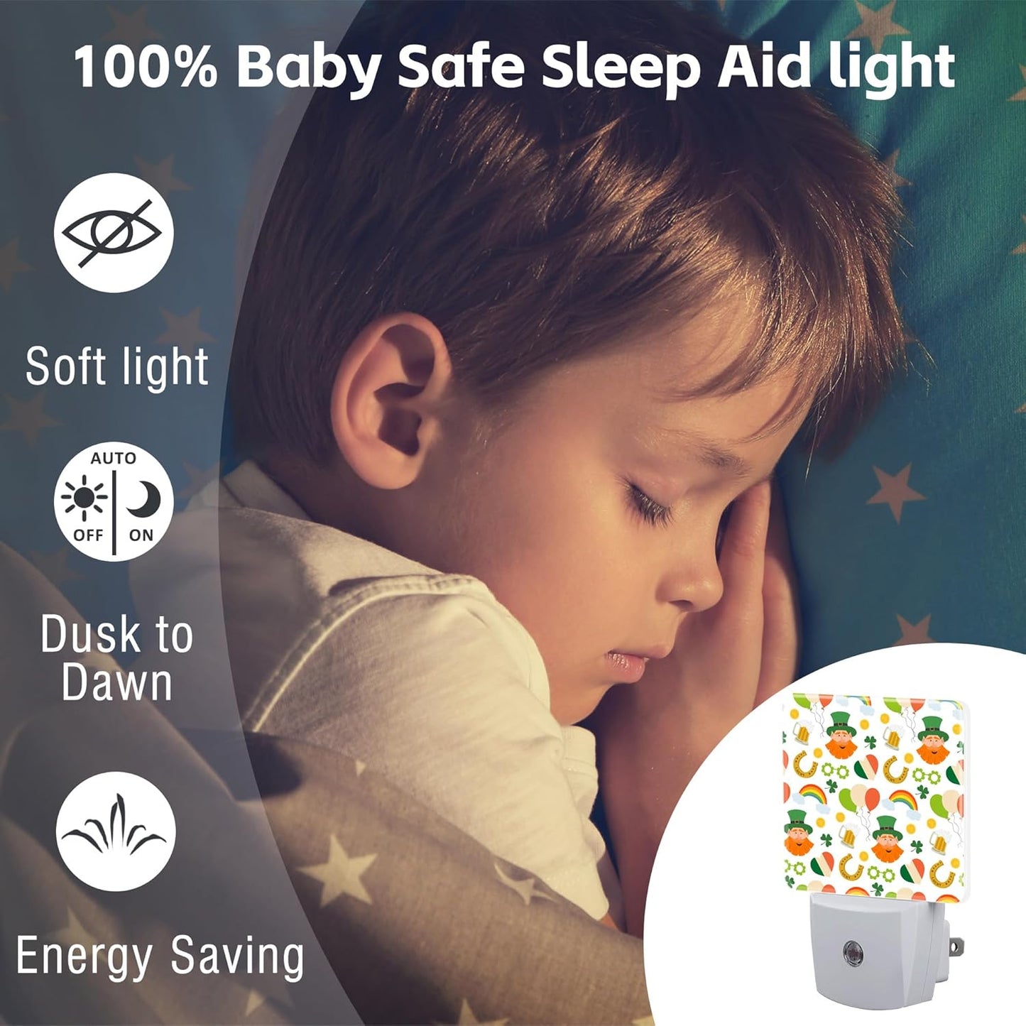 St. Patrick's Day Cute Pattern Night Light for Kids,Green Shamrock Leprechaun and Rainbow Night Light Plug in with Dusk to Dawn Sensor, 0.5w Energy Saving Sleep Friendly Nightlight for Kitchen Bedroom