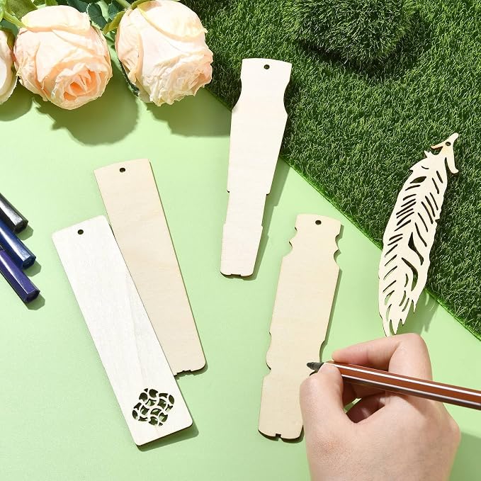 50 pcs 5 Styles Blank Theme Unfinished Wood Cutout Bookmarks Feather Flower