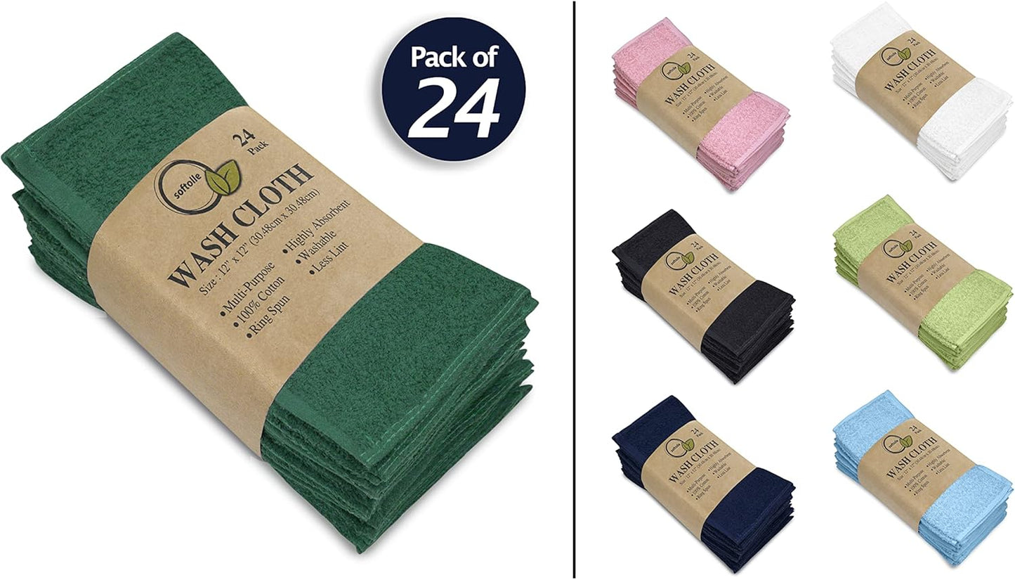 Softolle 100% Cotton Washcloths 24 Pack (12x12 Inches) Soft, Highly Absorbent Washcloth, Face Towels, Wash Cloths for Face, Ring Spun, Bulk Pack (Dark Green)