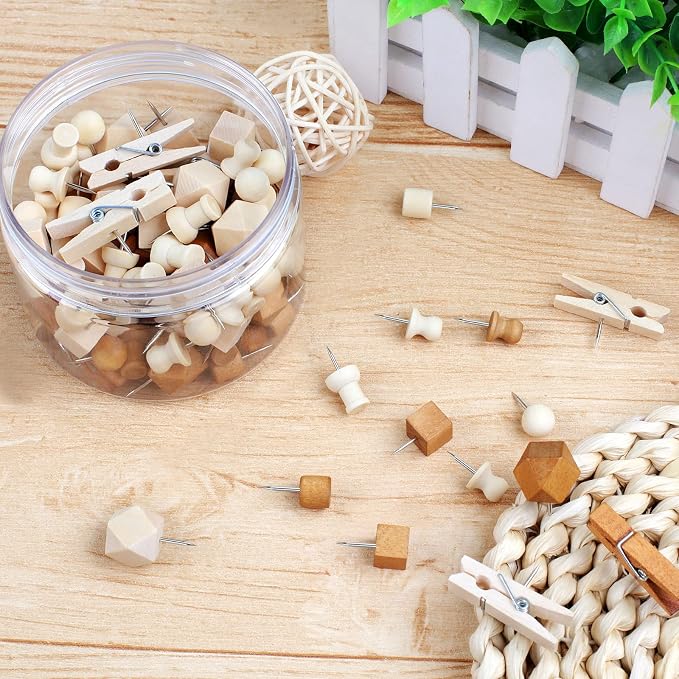 120Pcs Wooden Thumb Tacks, 7 Shapes Push Pins