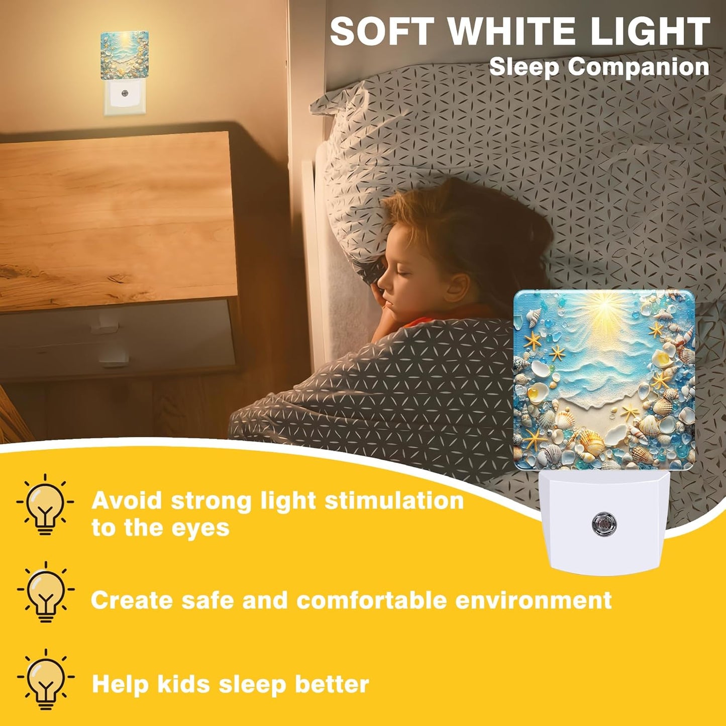 Night Light Seashells and Seastars on Sand Night Lights Plug into Wall Smart Dusk to Dawn Sensor 0.5W Energy Efficient Led Lamp for Men Women Bedroom Bathroom Hallway Stairway Decor