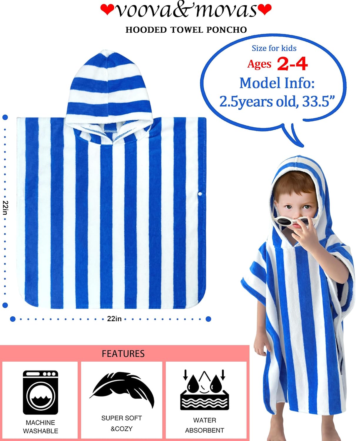 VOOVA & MOVAS Toddler Poncho Towels with Hood, Oversized (2-4Years,22"X22") Made from 100% Soft Cotton,Absorbent Hooded Towels for Baby Boys,Perfect for Pool | Swimming | Bath | Beach,Blue Stripe
